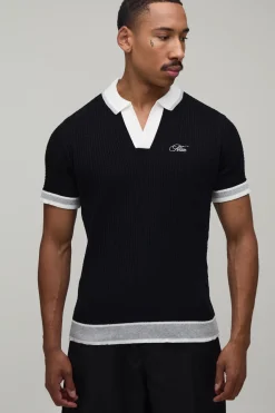 boohooMAN Polo Maille Torsadée Brodé MAN Coupe Ample Homme<Homme Polos|Maille