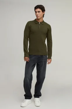 Polo Manche Longue Tricoté Doux Coupe Ajustée Avec Zip 1/4