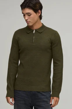 Polo Manche Longue Tricoté Doux Coupe Ajustée Avec Zip 1/4