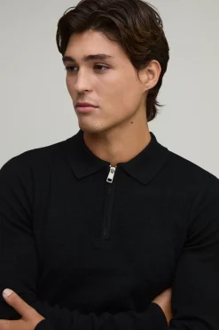 Polo Manche Longue Tricoté Doux Coupe Ajustée Col Zippé 1/4