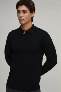 Polo Manche Longue Tricoté Doux Coupe Ajustée Col Zippé 1/4