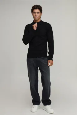 Polo Manche Longue Tricoté Doux Coupe Ajustée Col Zippé 1/4