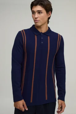 boohooMAN Polo À Manches Longues En Maille Rayée Coupe Regular<Homme Polos|Maille