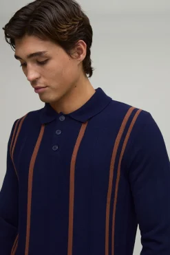 boohooMAN Polo À Manches Longues En Maille Rayée Coupe Regular<Homme Polos|Maille