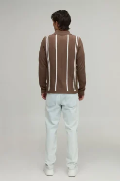 boohooMAN Polo À Manches Longues En Maille Rayée Coupe Regular<Homme Polos|Maille