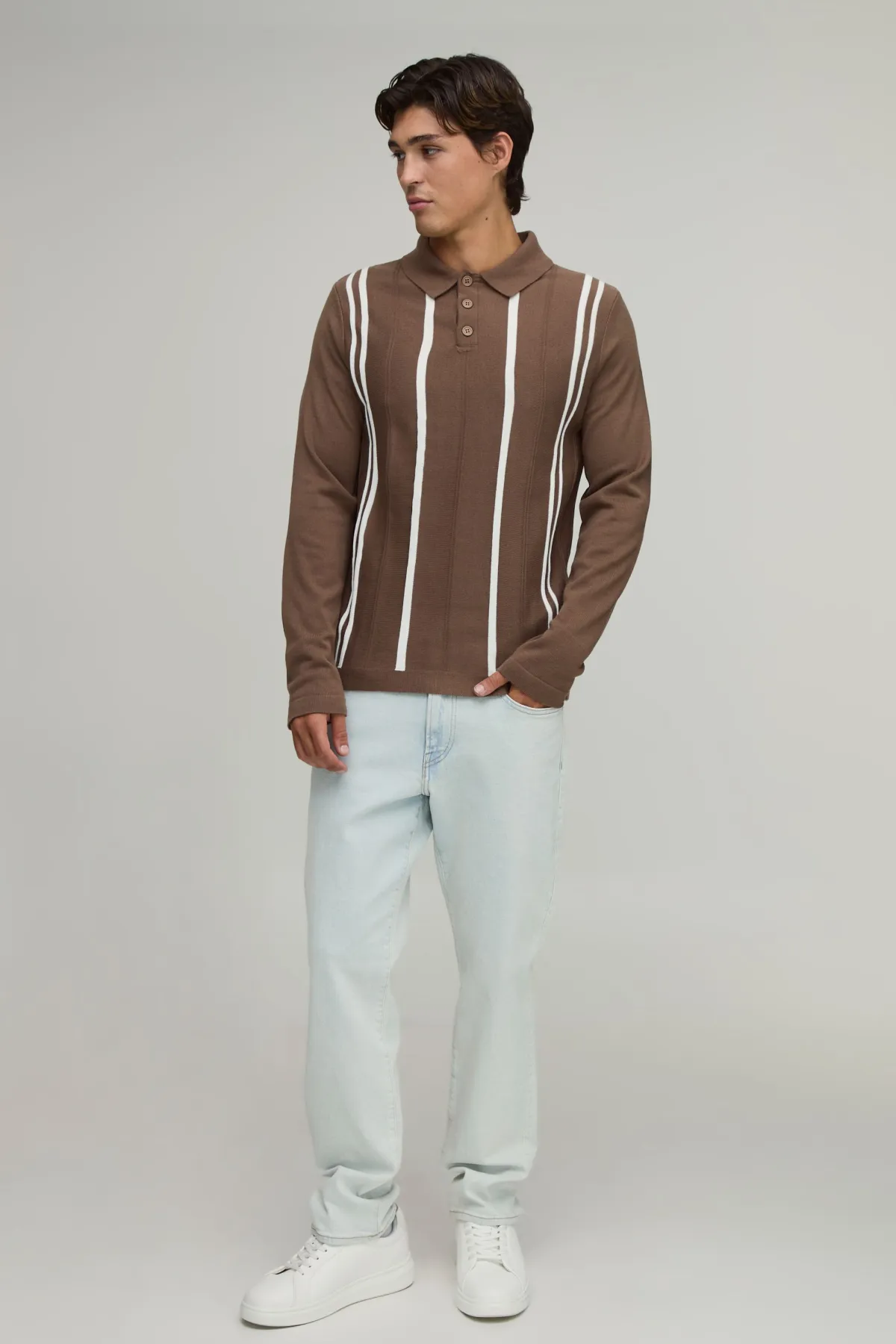 boohooMAN Polo À Manches Longues En Maille Rayée Coupe Regular<Homme Polos|Maille