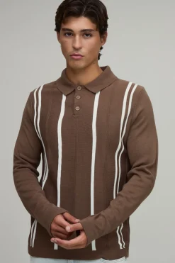 boohooMAN Polo À Manches Longues En Maille Rayée Coupe Regular<Homme Polos|Maille