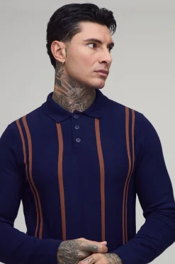 boohooMAN Polo À Manches Longues En Maille Rayée Coupe Regular Pour Homme Grand<Homme Tout Afficher|Maille