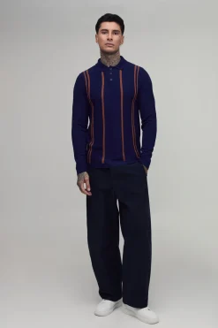 boohooMAN Polo À Manches Longues En Maille Rayée Coupe Regular Pour Homme Grand<Homme Tout Afficher|Maille