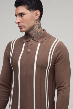 Polo À Manches Longues En Tricot À Rayures Coupe Regular Pour Homme Grand