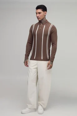 Polo À Manches Longues En Tricot À Rayures Coupe Regular Pour Homme Grand