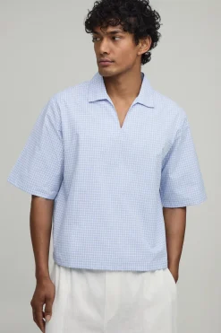 boohooMAN Polo Popeline À Carreaux Col V Coupe Ample Oversize<Homme Polos