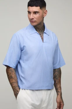 Polo Rayé En Popeline À Col V Coupe Ample Oversize Pour Homme Grand