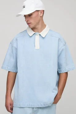 boohooMAN Polo Rugby en Denim Surdimensionné<Homme Denim|Denim
