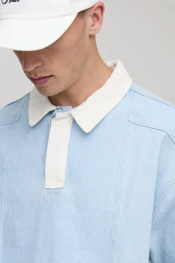 boohooMAN Polo Rugby en Denim Surdimensionné<Homme Denim|Denim