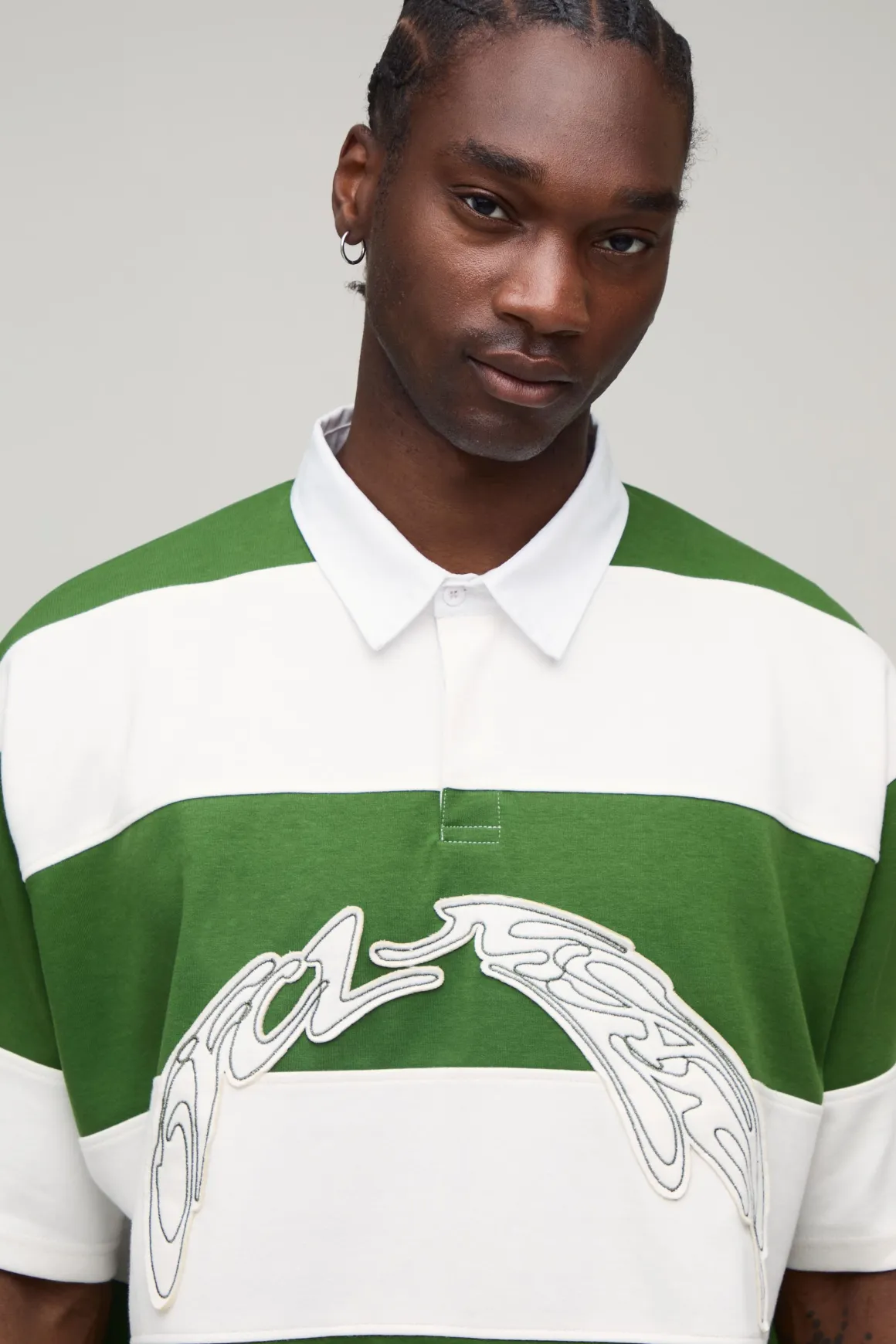 Polo Rugby Grande Taille Coupe Ample Boxy Manches Mi-longues Jersey Interlock À Rayures Appliquées