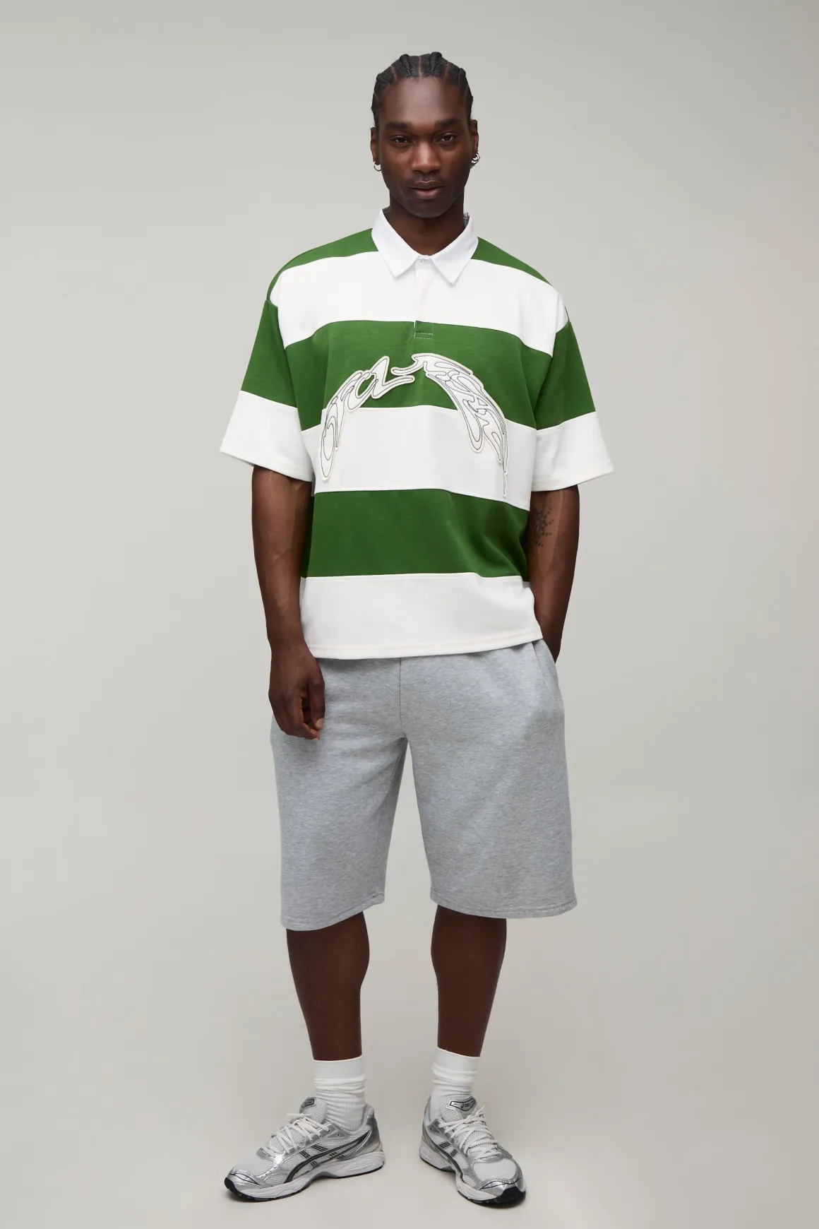 Polo Rugby Grande Taille Coupe Ample Boxy Manches Mi-longues Jersey Interlock À Rayures Appliquées