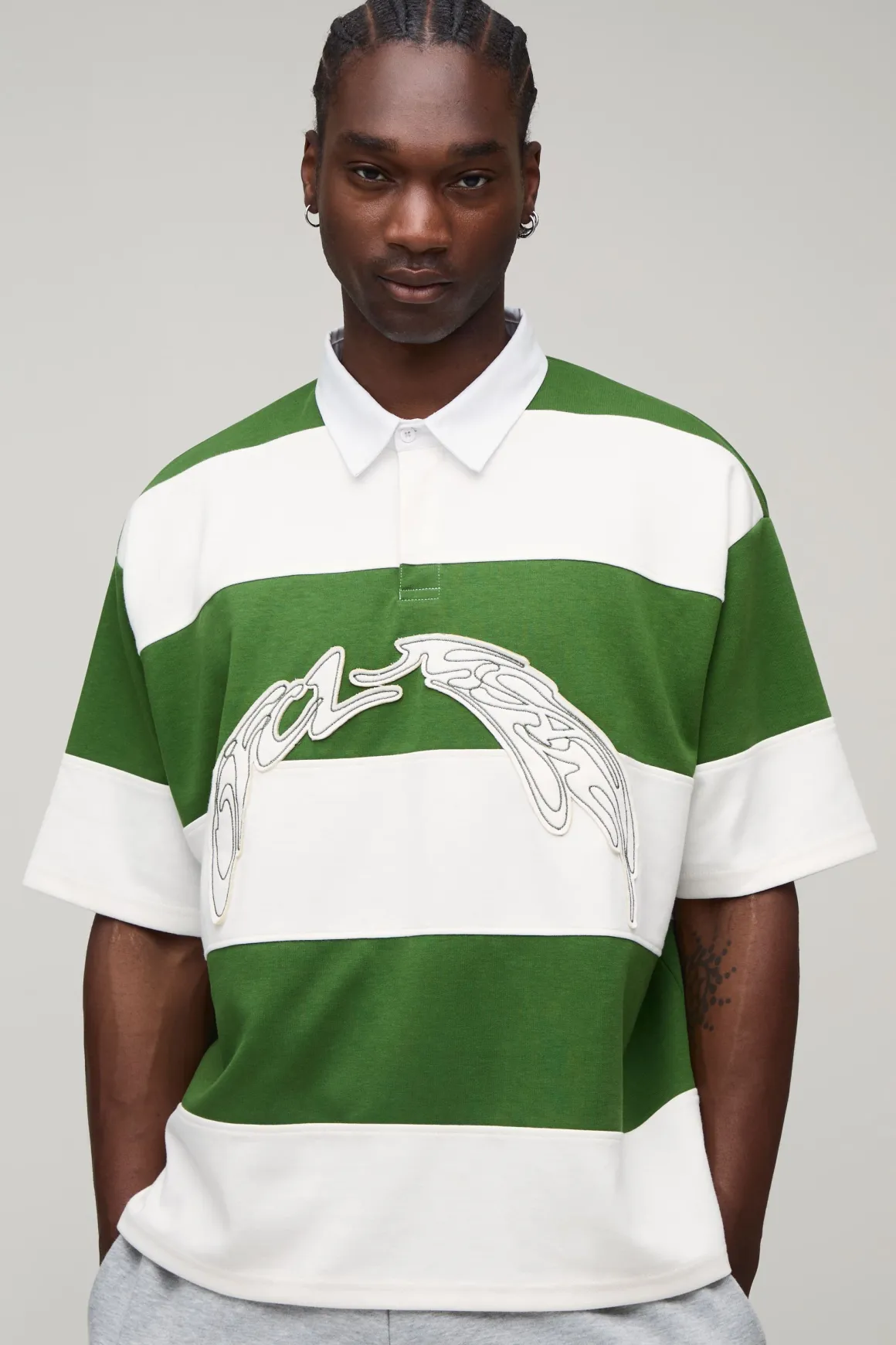 Polo Rugby Grande Taille Coupe Ample Boxy Manches Mi-longues Jersey Interlock À Rayures Appliquées