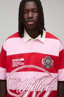 boohooMAN Polo Rugby Interlock Surdimensionné Garçon Manches Courtes À Rayures Appliquées<Homme Polos