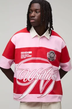 boohooMAN Polo Rugby Interlock Surdimensionné Garçon Manches Courtes À Rayures Appliquées<Homme Polos