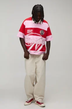 boohooMAN Polo Rugby Interlock Surdimensionné Garçon Manches Courtes À Rayures Appliquées<Homme Polos