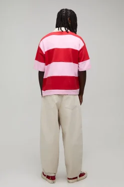 boohooMAN Polo Rugby Interlock Surdimensionné Garçon Manches Courtes À Rayures Appliquées<Homme Polos