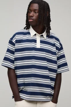 boohooMAN Polo Rugby Oversize Ample Homme Sport À Rayures Brodées<Homme Polos