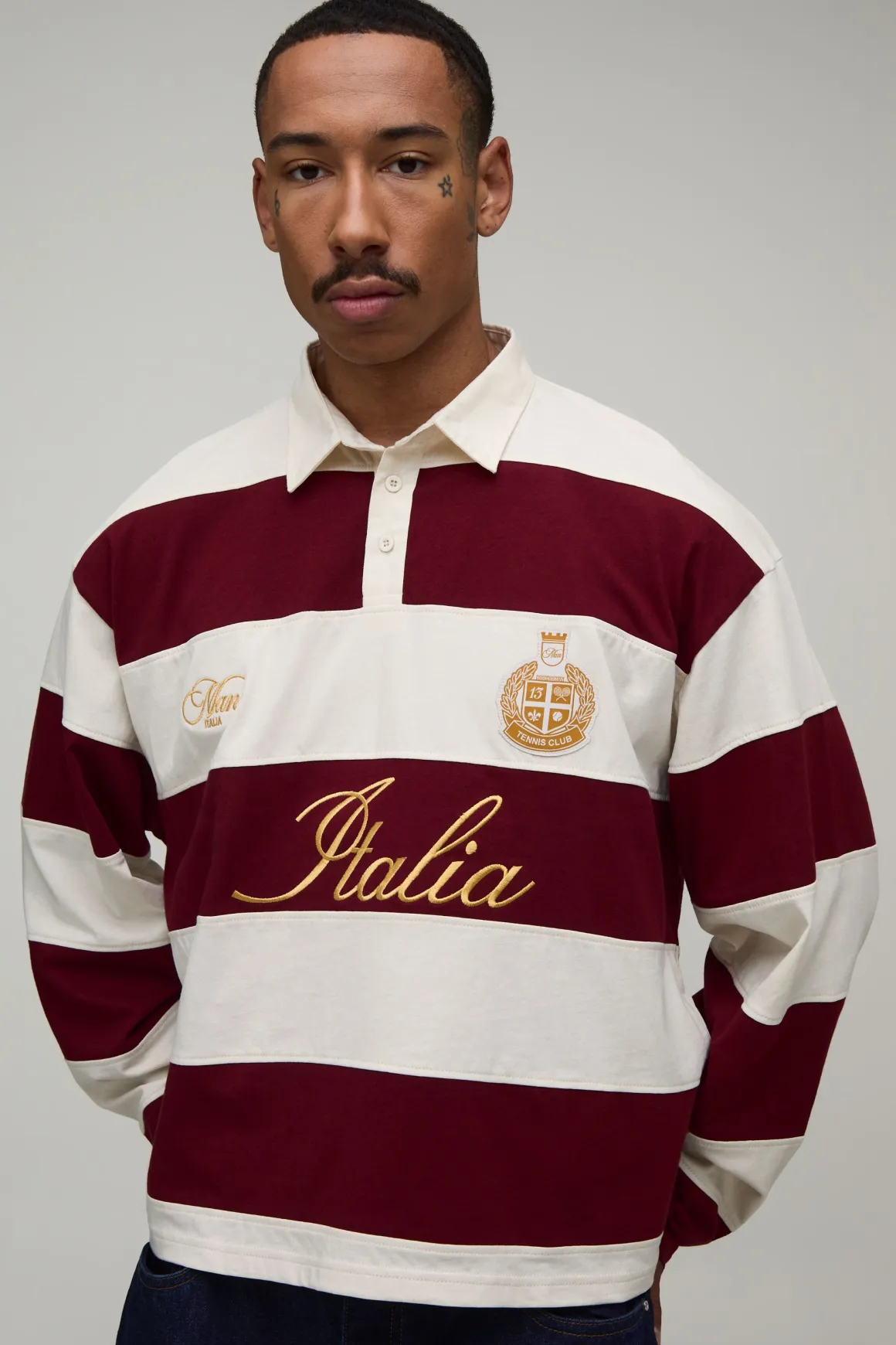 Polo Rugby Oversize Ample À Manches Longues Rayures Italia