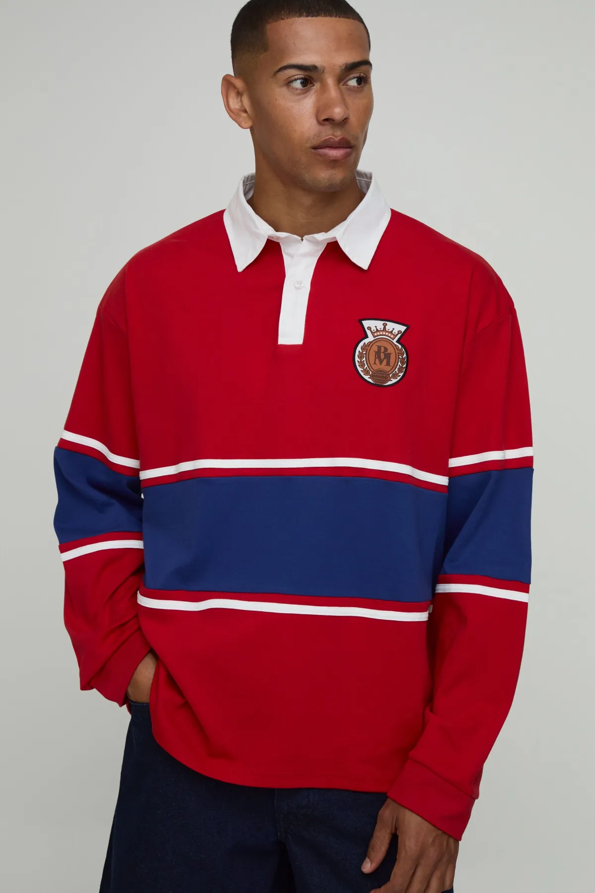 boohooMAN Polo Rugby Oversize En Interlock Avec Appliqués Et Empiècements Contrastés<Homme Polos