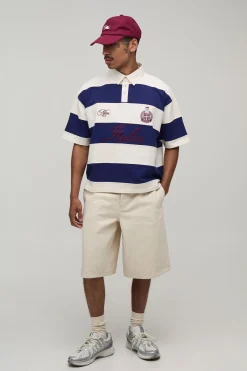 Polo Rugby Rayé Surdimensionné À Manches Courtes Avec Broderie Italia