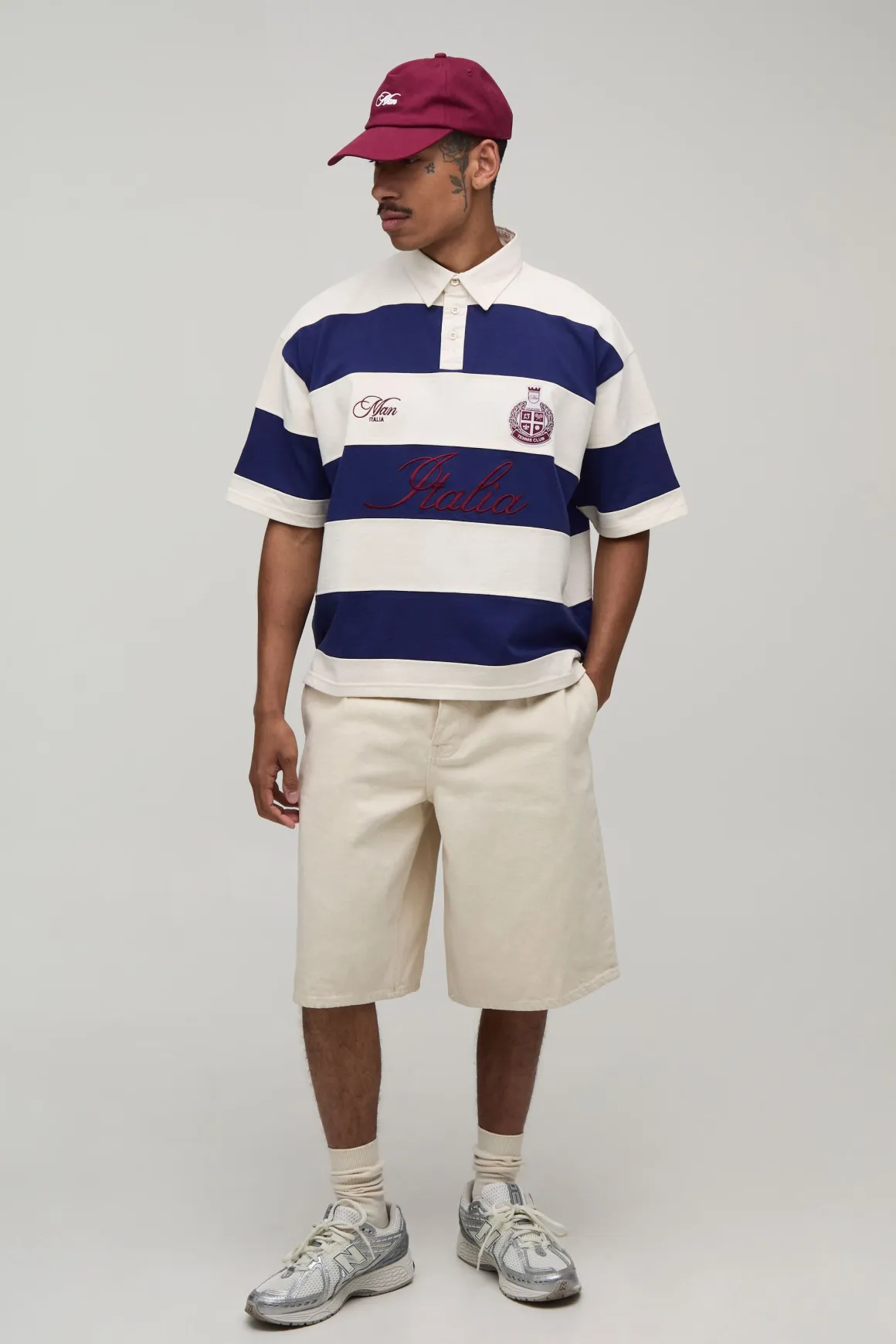Polo Rugby Rayé Surdimensionné À Manches Courtes Avec Broderie Italia