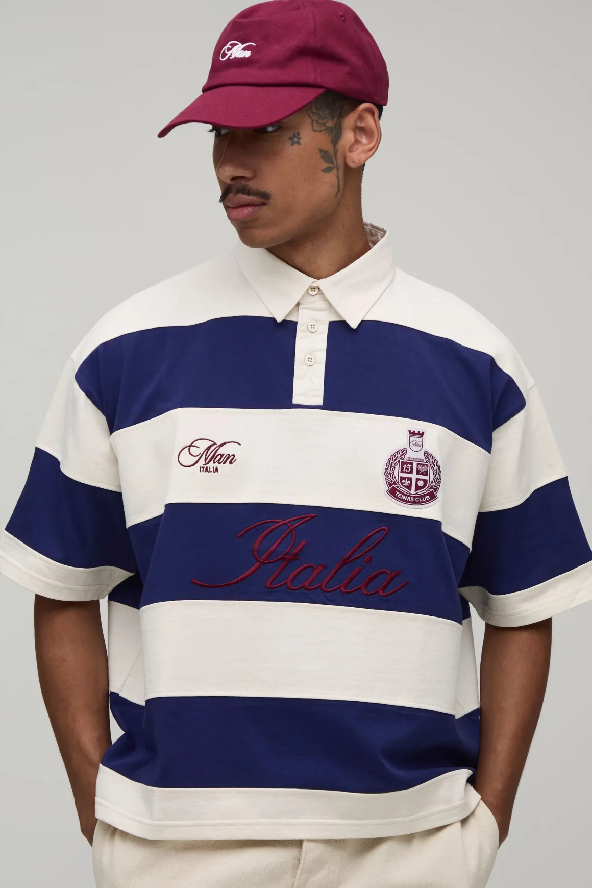 Polo Rugby Rayé Surdimensionné À Manches Courtes Avec Broderie Italia
