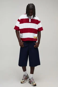 Polo Rugby Rayures Appliquées Manches Courtes Raccourcies Coupe Ample Oversize