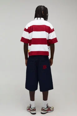 Polo Rugby Rayures Appliquées Manches Courtes Raccourcies Coupe Ample Oversize