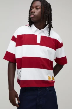 Polo Rugby Rayures Appliquées Manches Courtes Raccourcies Coupe Ample Oversize