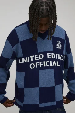 boohooMAN Polo rugby tricoté en jacquard à damier surdimensionné pour homme<Homme Polos|Maille