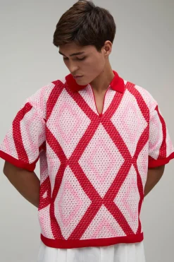 Polo Surdimensionné Coupe Boxy En Maille Ajourée À Motif Losange