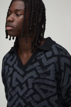 boohooMAN Polo Surdimensionné Coupe Boxy En Maille Jacquard Abstraite<Homme Polos|Tout Afficher