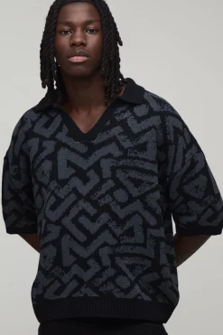 boohooMAN Polo Surdimensionné Coupe Boxy En Maille Jacquard Abstraite<Homme Polos|Tout Afficher