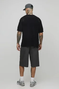 Polo tall en crochet pointelle à motif feuille, surdimensionné et à coupe carrée pour grandes tailles
