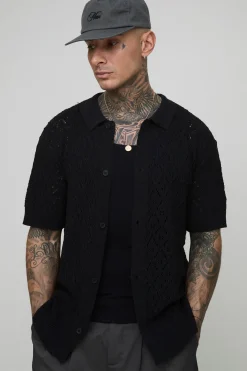 Polo tall en crochet pointelle à motif feuille, surdimensionné et à coupe carrée pour grandes tailles
