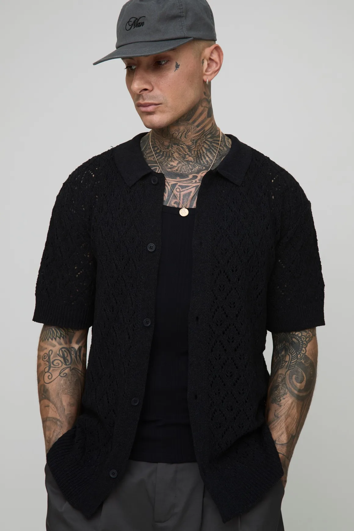 Polo tall en crochet pointelle à motif feuille, surdimensionné et à coupe carrée pour grandes tailles