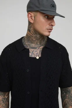 Polo tall en crochet pointelle à motif feuille, surdimensionné et à coupe carrée pour grandes tailles