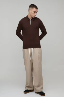 Polo Tricoté Ajusté À Manches Longues Col Zippé 1/4 Toucher Doux