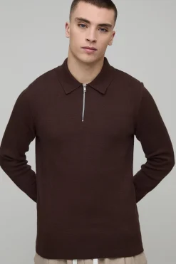 Polo Tricoté Ajusté À Manches Longues Col Zippé 1/4 Toucher Doux