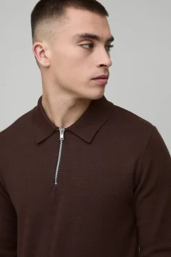 Polo Tricoté Ajusté À Manches Longues Col Zippé 1/4 Toucher Doux