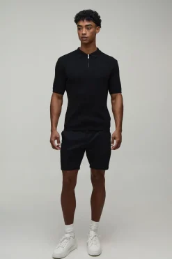 Polo Tricoté Ajusté Muscle En Mélange De Coton Avec Zip 1/4
