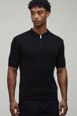 Polo Tricoté Ajusté Muscle En Mélange De Coton Avec Zip 1/4