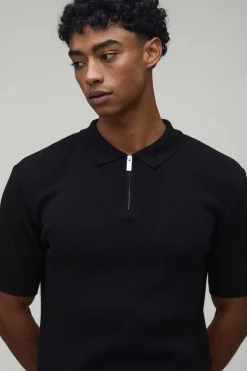Polo Tricoté Ajusté Muscle En Mélange De Coton Avec Zip 1/4