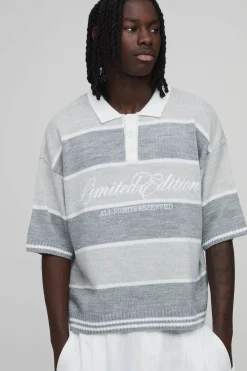 boohooMAN Polo Tricoté Brodé À Rayures Varsity Oversize<Homme Polos|Maille